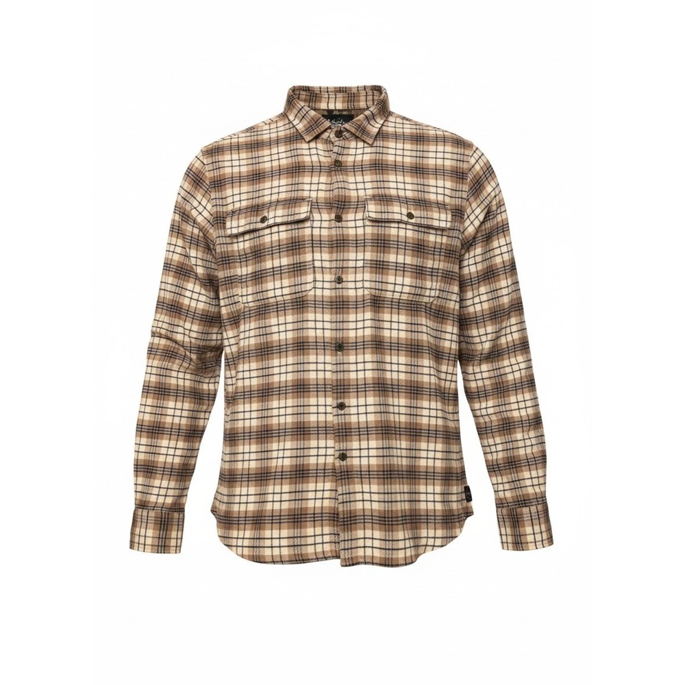 Good Man Brand Mens XL Plaid Flannel Button Down Shirt Tan Blue Long Sleeve